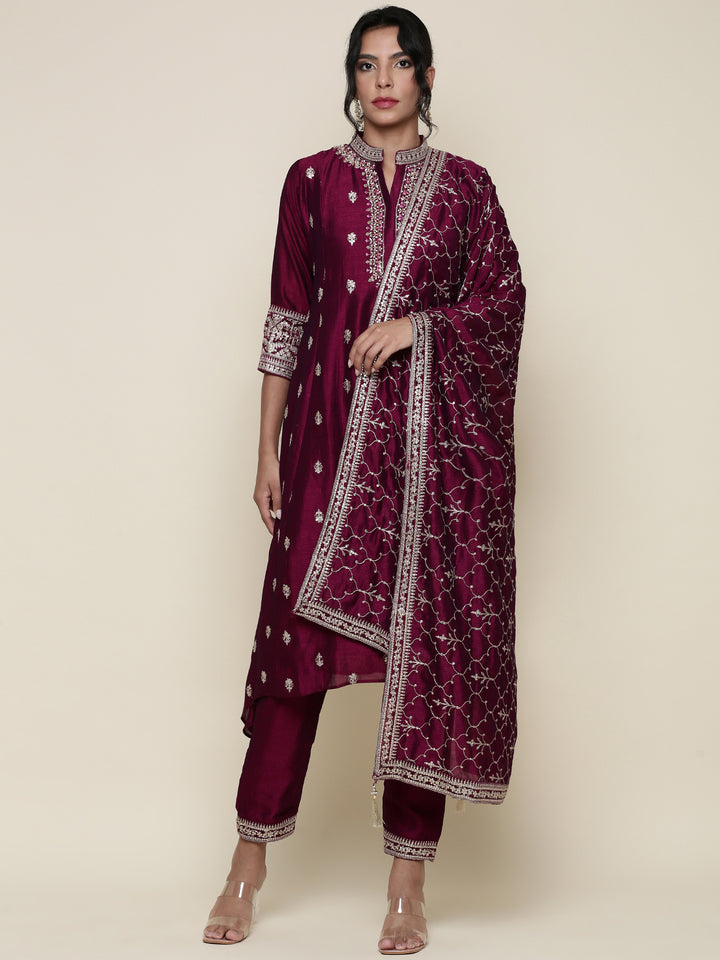 Magenta silk embroidered three piece anarkali set