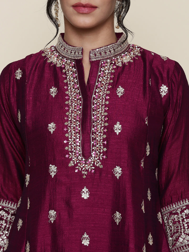 Magenta silk embroidered three piece anarkali set