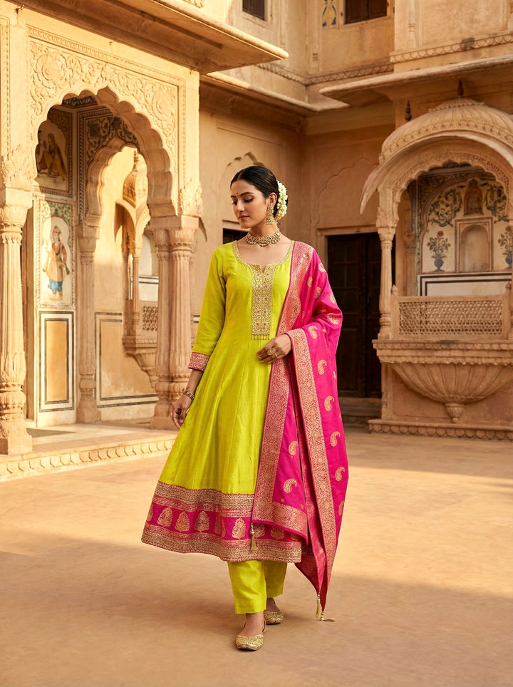 Variyali Yellow Silk Printed Anarkali Set