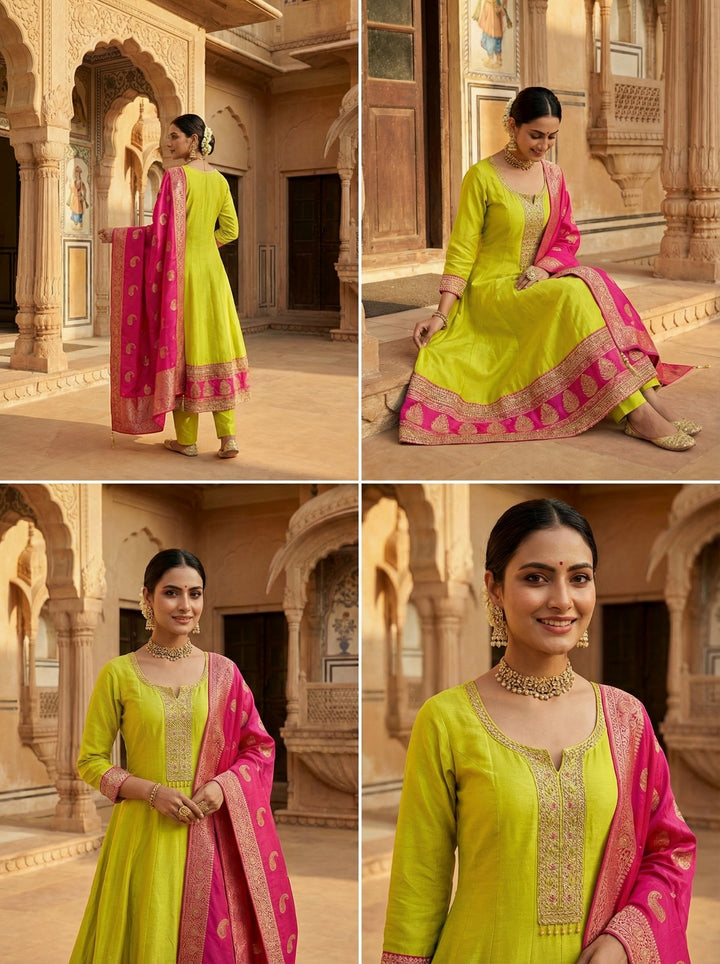 Variyali Yellow Silk Printed Anarkali Set