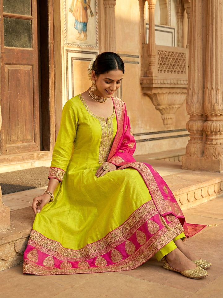 Variyali Yellow Silk Printed Anarkali Set