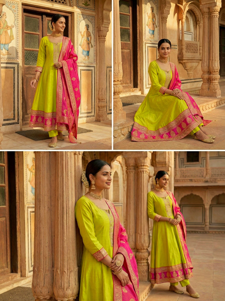 Variyali Yellow Silk Printed Anarkali Set