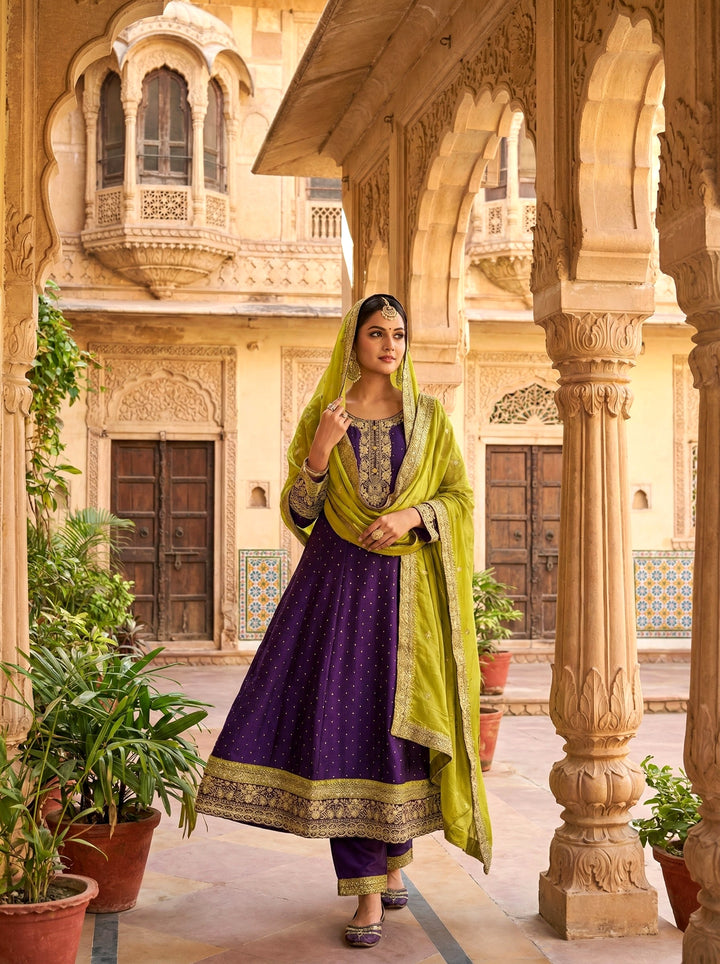 Purple Vichitra Silk Embroidery Anarkali Set