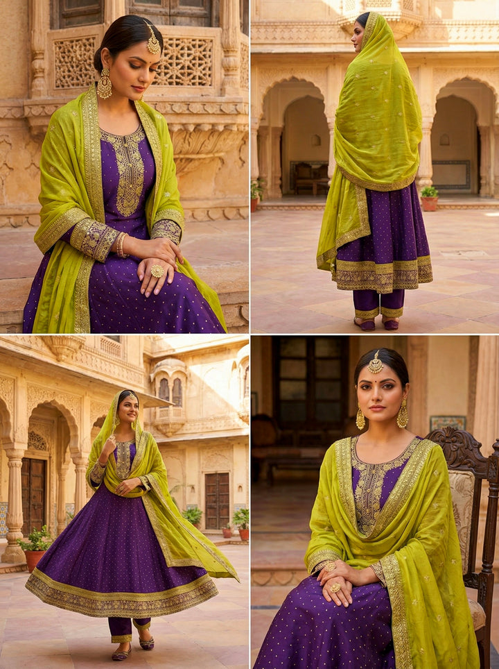 Purple Vichitra Silk Embroidery Anarkali Set