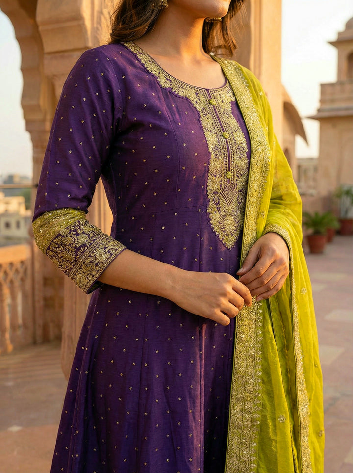 Purple Vichitra Silk Embroidery Anarkali Set