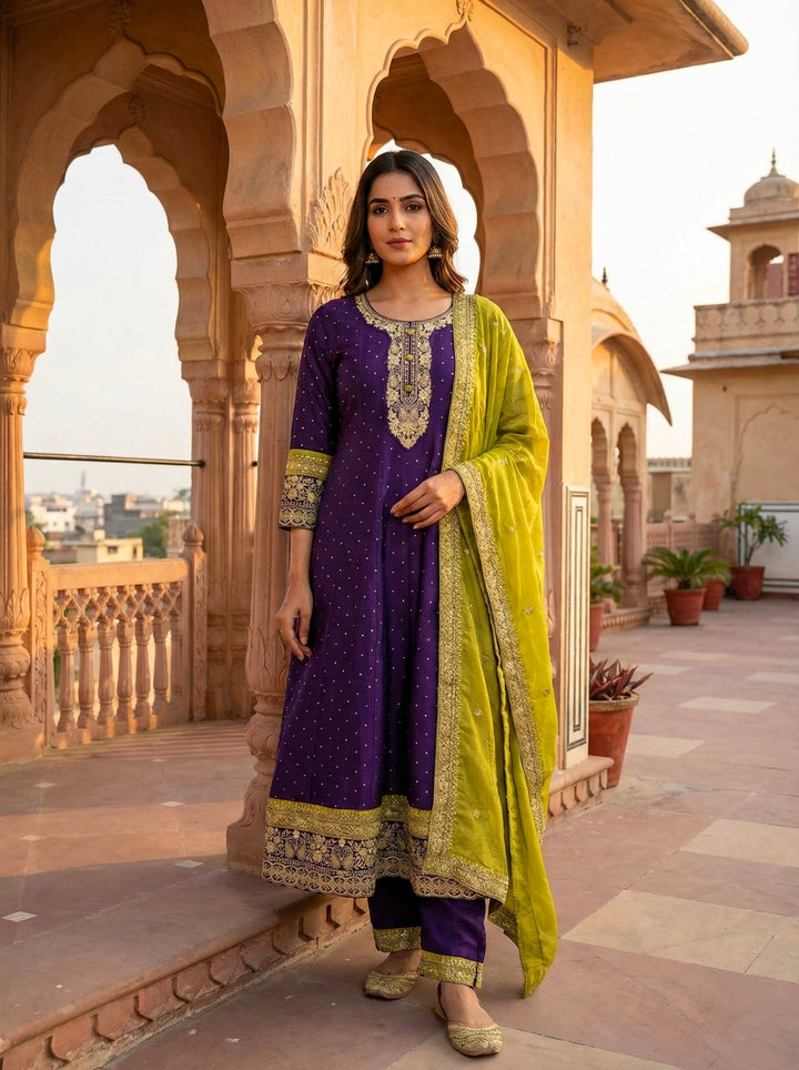 Purple Vichitra Silk Embroidery Anarkali Set