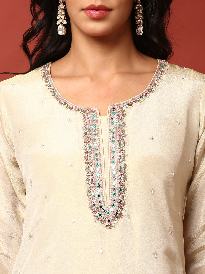 Cream crepe hand embroidered three piece suit set with Floral dupatta