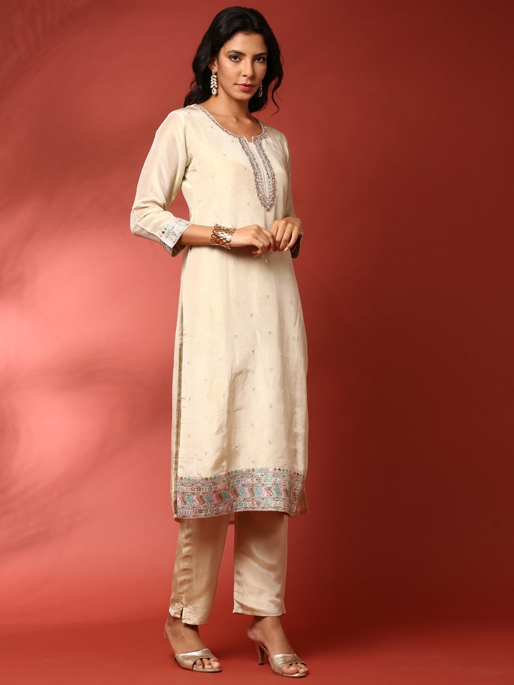 Cream crepe hand embroidered three piece suit set with Floral dupatta