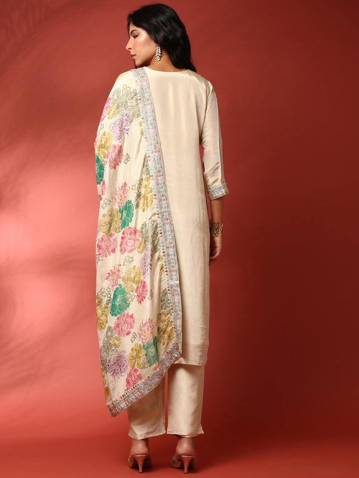 Cream crepe hand embroidered three piece suit set with Floral dupatta