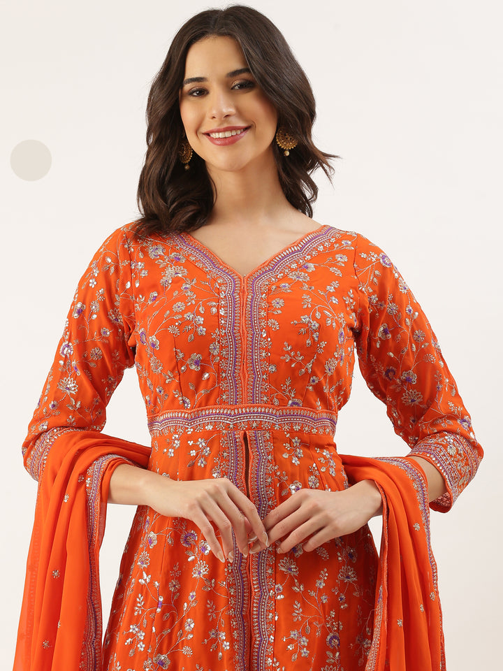 Orange Georgette Embroidered Kali With Palazzo