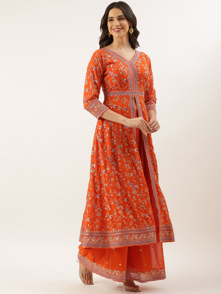 Orange Georgette Embroidered Kali With Palazzo