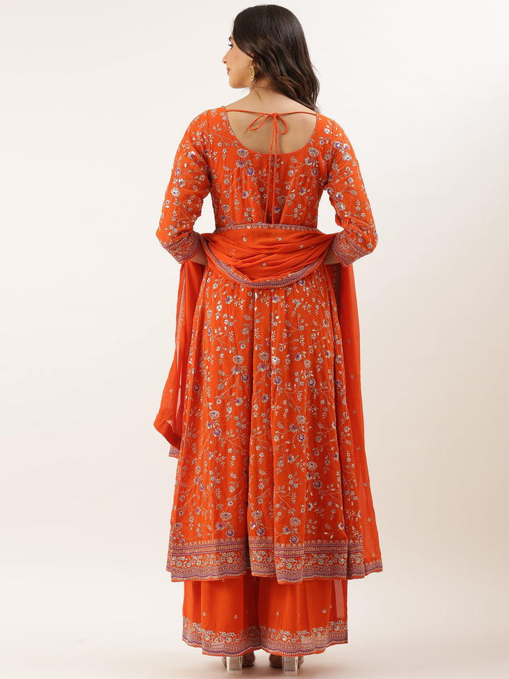 Orange Georgette Embroidered Kali With Palazzo