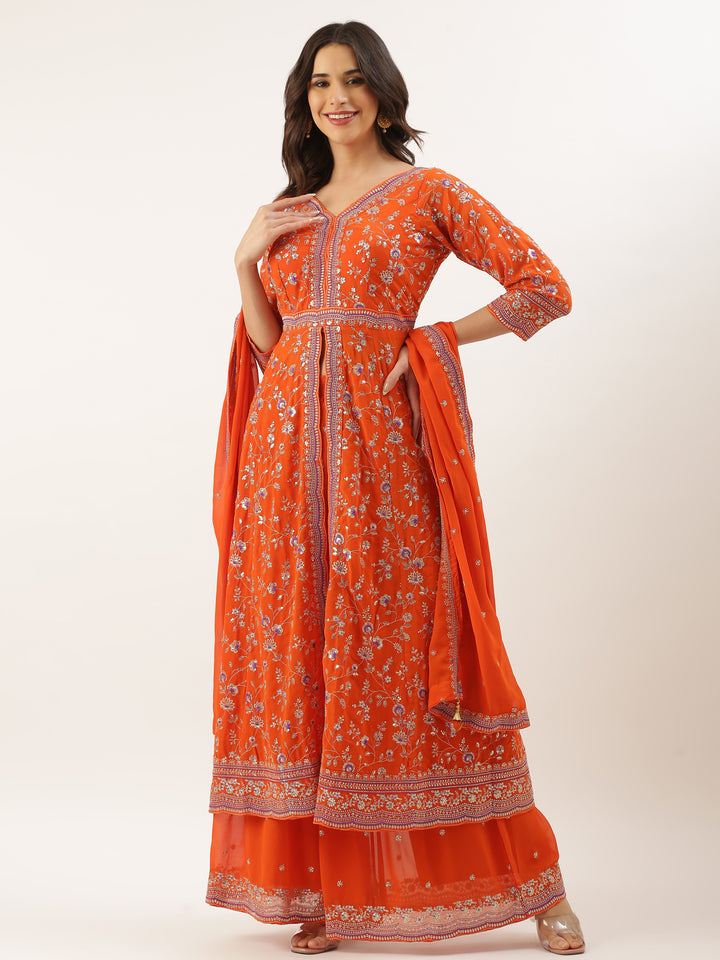 Orange Georgette Embroidered Kali With Palazzo