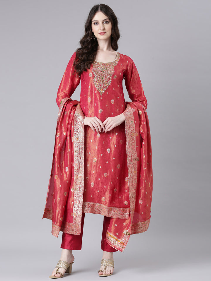 Neerus Maroon Printed Straight Kurta and Trousers With Dupatta
