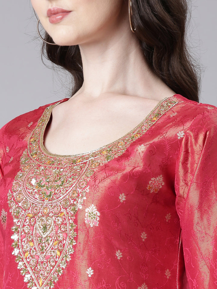 Neerus Maroon Printed Straight Kurta and Trousers With Dupatta