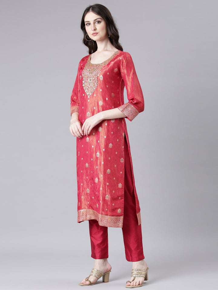 Neerus Maroon Printed Straight Kurta and Trousers With Dupatta