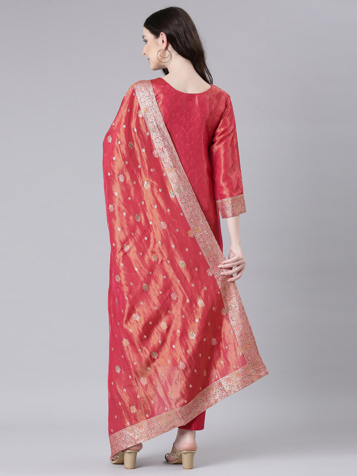 Neerus Maroon Printed Straight Kurta and Trousers With Dupatta
