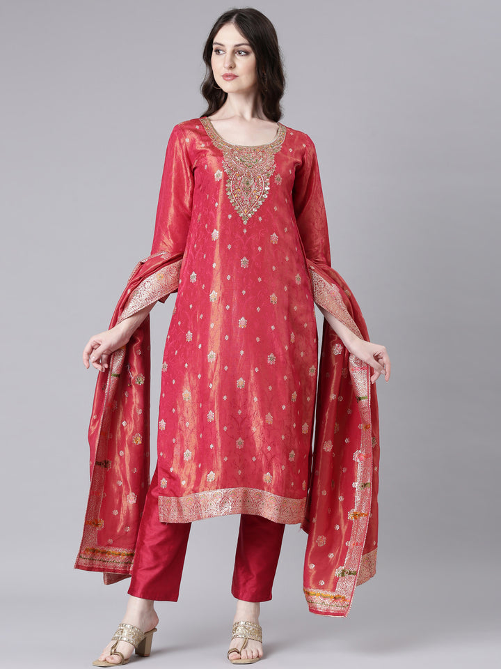 Neerus Maroon Printed Straight Kurta and Trousers With Dupatta
