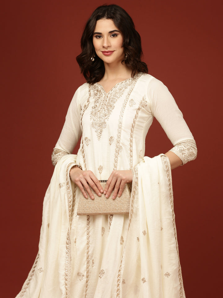 Cream Vichitra Silk Three Piece Set