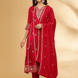 Red Vichitra Silk Three Piece Set