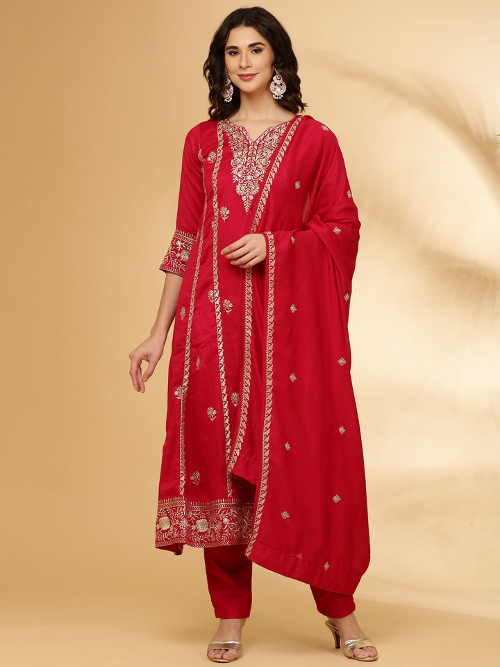 Red Vichitra Silk Three Piece Set