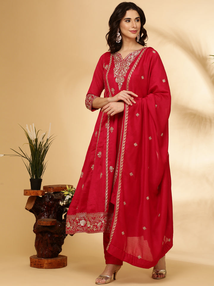 Red Vichitra Silk Three Piece Set