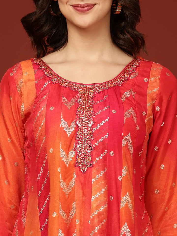 Red Embroidery  Silk Palazzo Three Piece Set