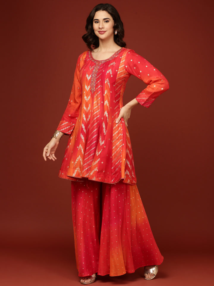 Red Embroidery  Silk Palazzo Three Piece Set