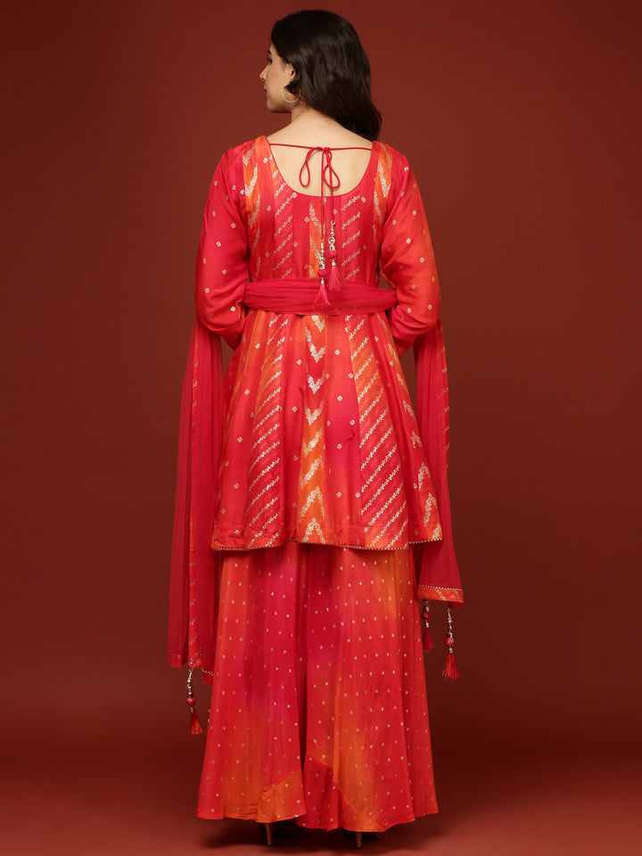 Red Embroidery  Silk Palazzo Three Piece Set