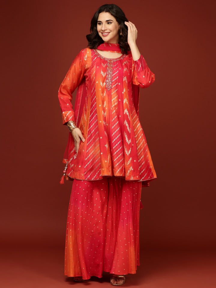 Red Embroidery  Silk Palazzo Three Piece Set