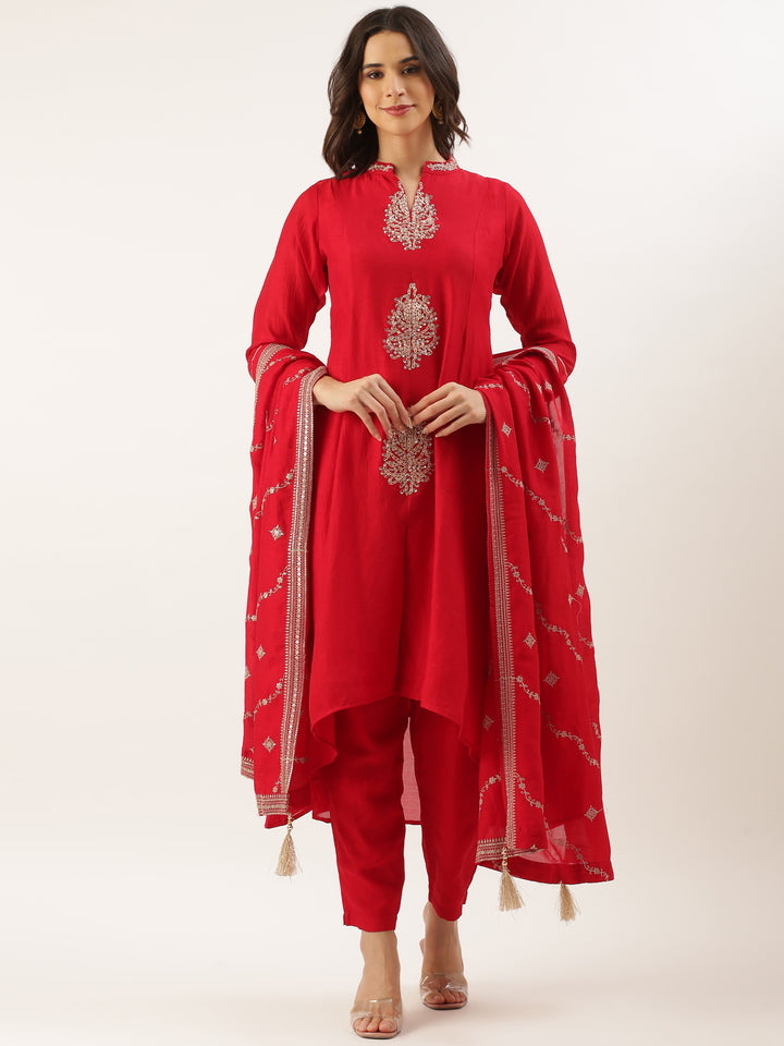 Red Embroidered Vichitra Tail Cut Set