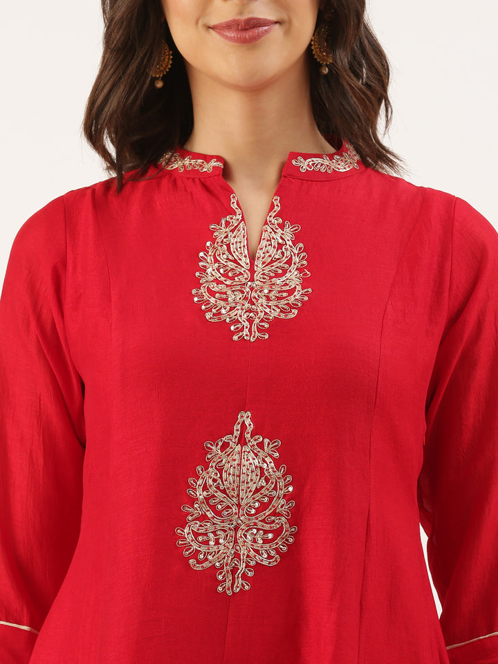 Red Embroidered Vichitra Tail Cut Set