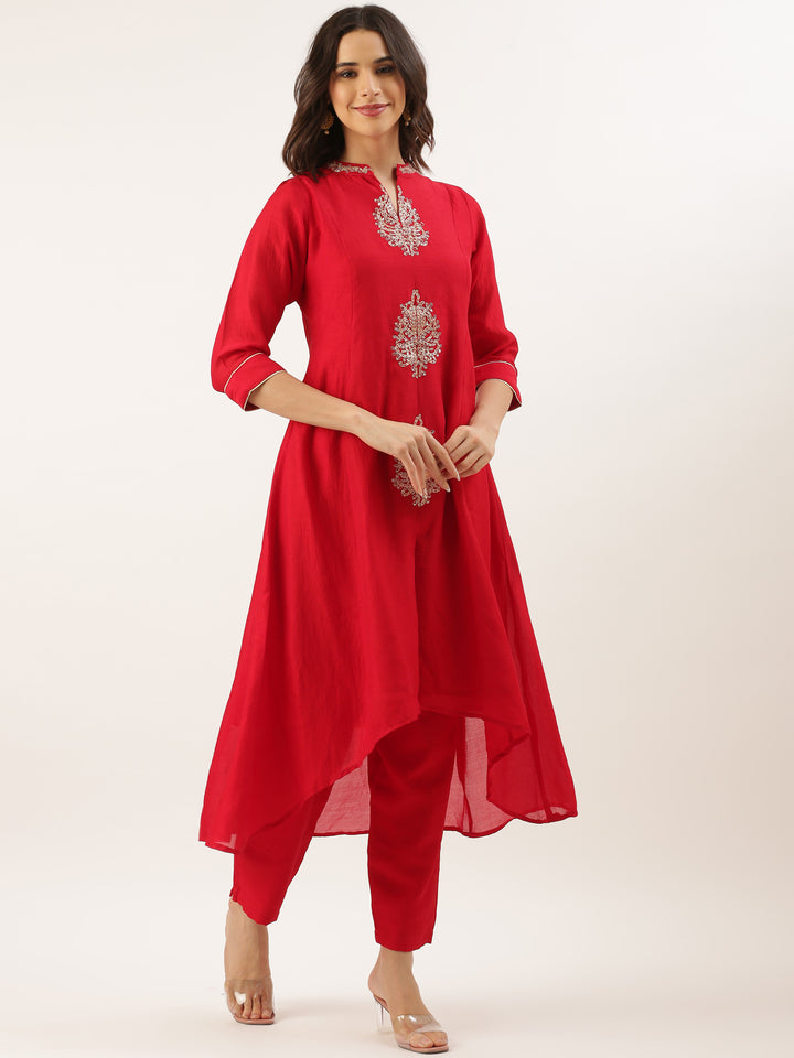 Red Embroidered Vichitra Tail Cut Set