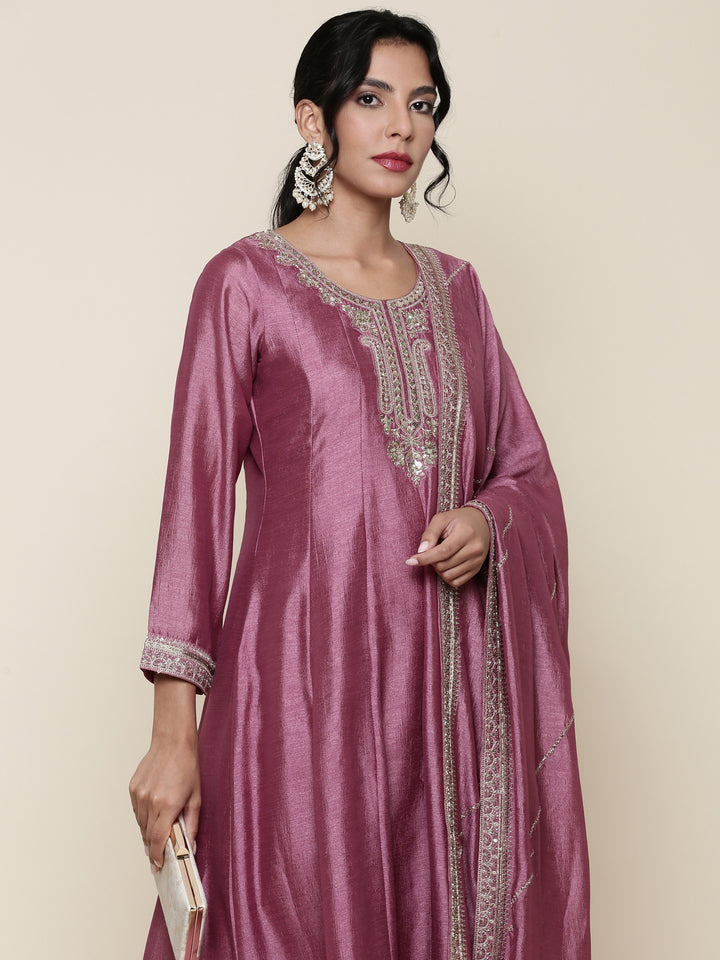 Onion pink silk embroidered three piece anarkali set