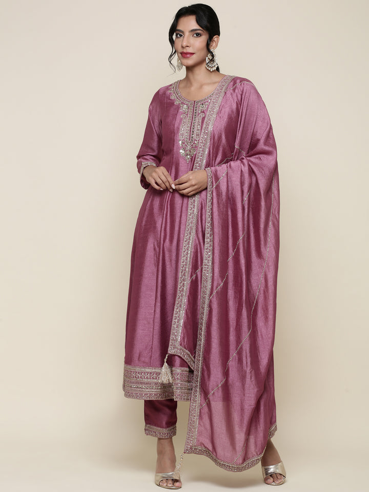 Onion pink silk embroidered three piece anarkali set