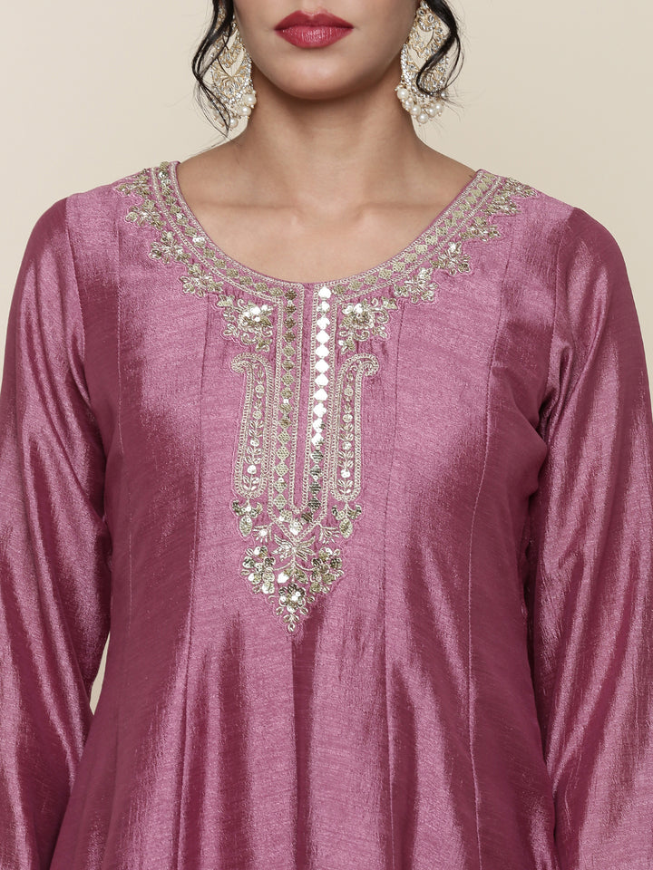 Onion pink silk embroidered three piece anarkali set