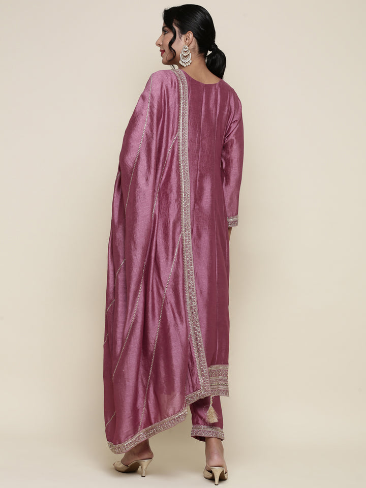 Onion pink silk embroidered three piece anarkali set