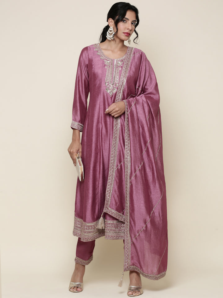 Onion pink silk embroidered three piece anarkali set