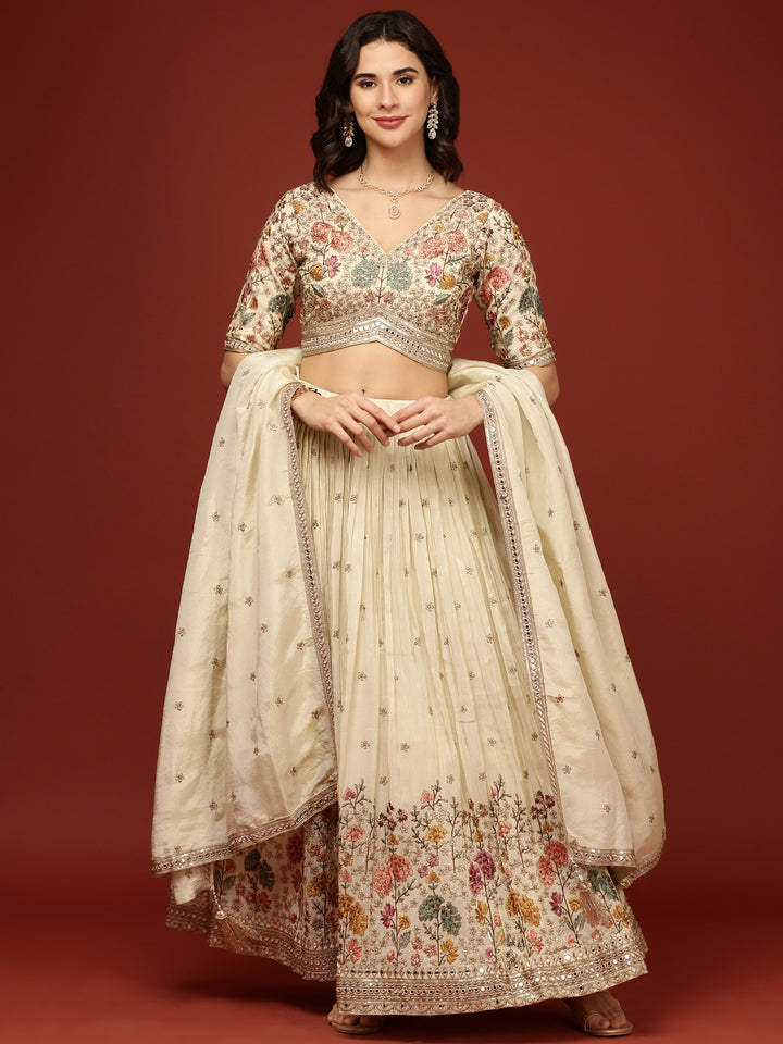 Beige Silk Floral Motifs Ghagra Set