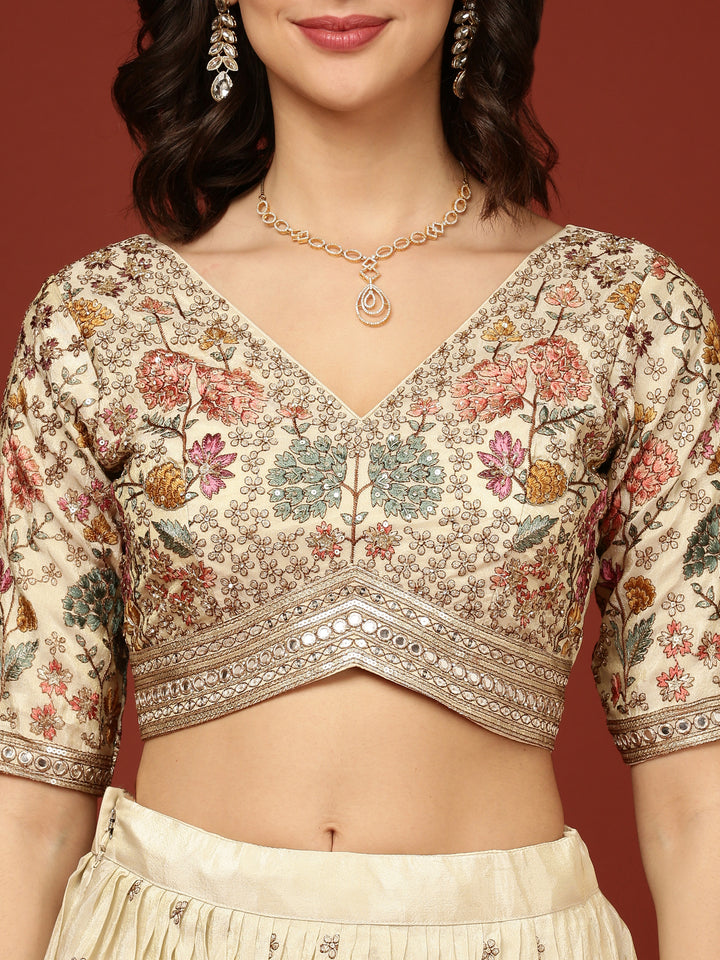 Beige Silk Floral Motifs Ghagra Set
