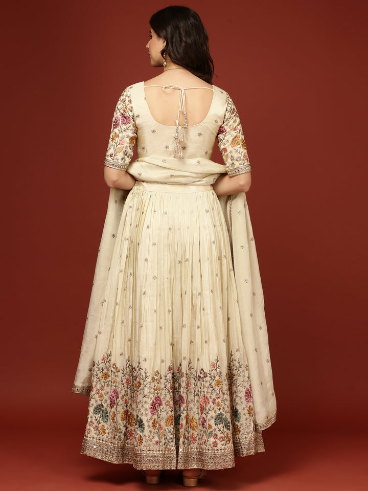 Beige Silk Floral Motifs Ghagra Set