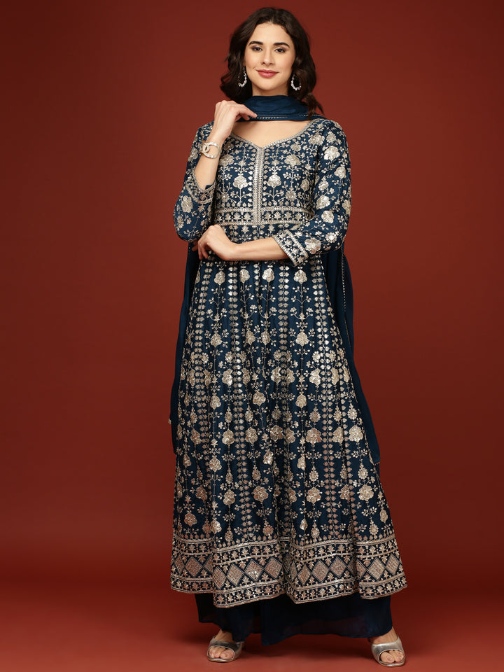 Peacock Vichitra Silk Anarkali Three Piece Set
