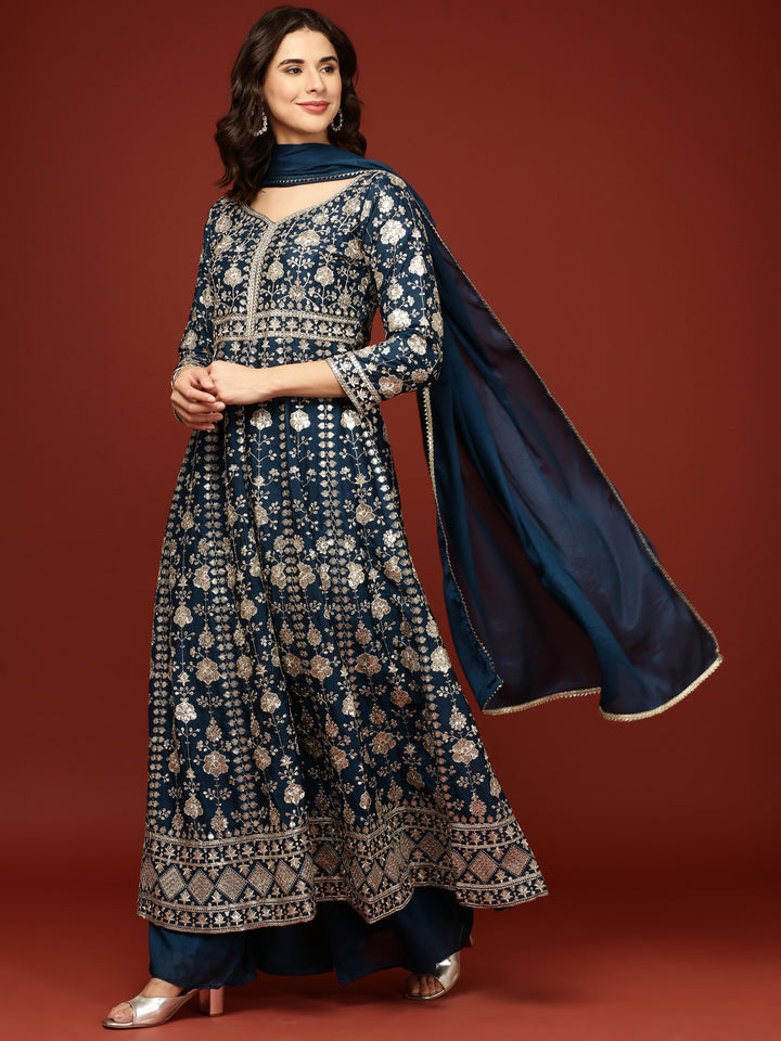 Peacock Vichitra Silk Anarkali Three Piece Set