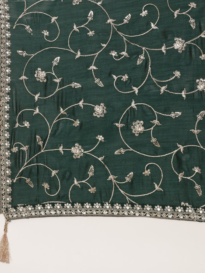 Bottle Green Vichitra Fabric Shoulder Kali With Embroiderey Duppata