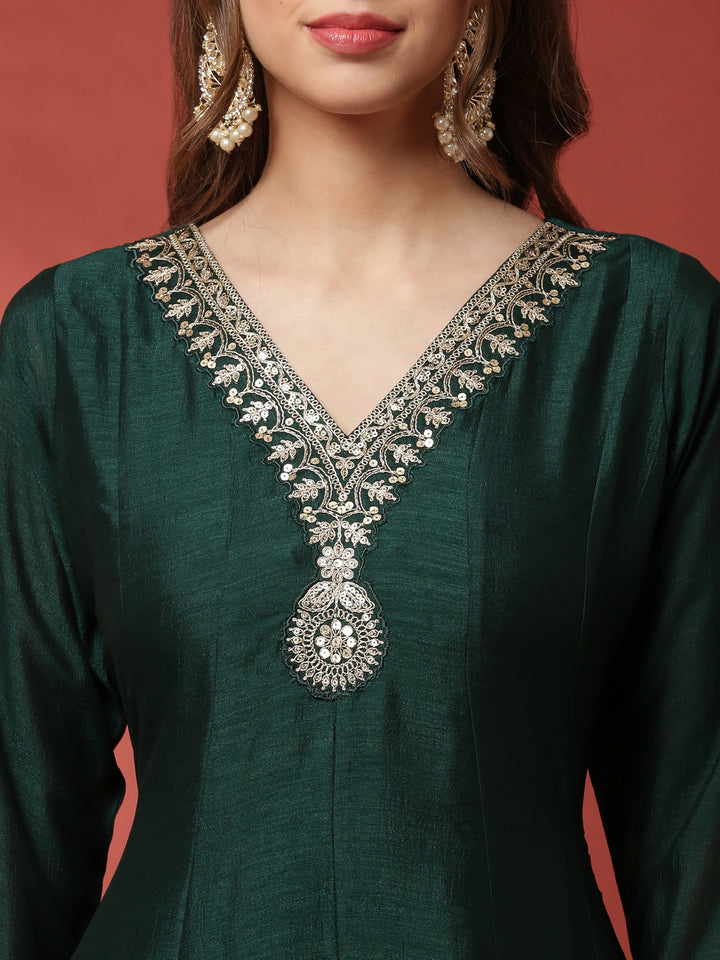 Bottle Green Vichitra Fabric Shoulder Kali With Embroiderey Duppata