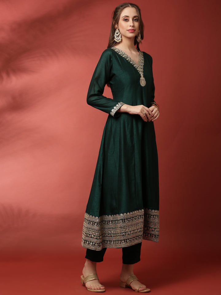 Bottle Green Vichitra Fabric Shoulder Kali With Embroiderey Duppata