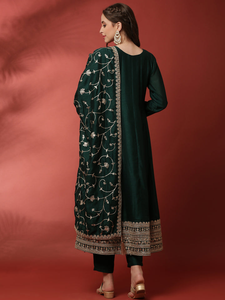 Bottle Green Vichitra Fabric Shoulder Kali With Embroiderey Duppata