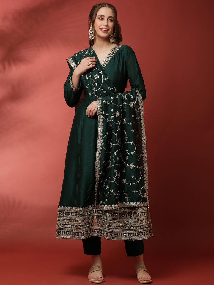 Bottle Green Vichitra Fabric Shoulder Kali With Embroiderey Duppata