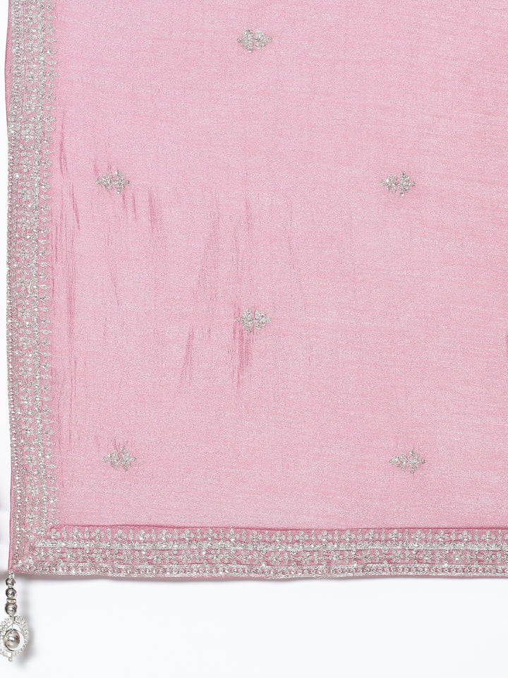 Magenta silk embroidered Three piece set with contrast dupatta