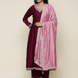 Magenta silk embroidered Three piece set with contrast dupatta